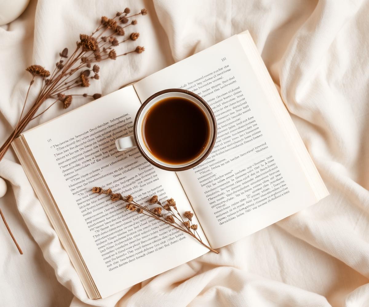 Open book with coffee and dried florals