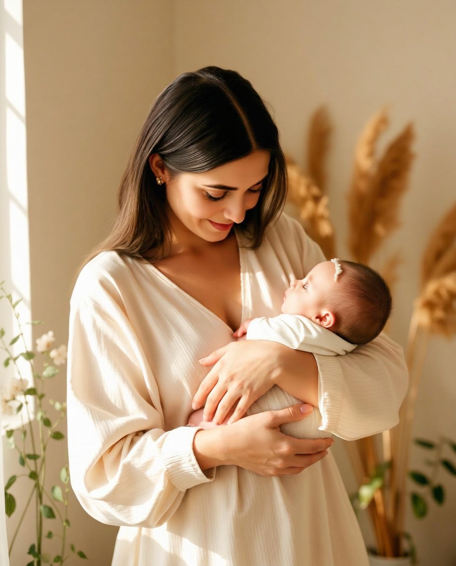 A mother holding her baby in soft warm light